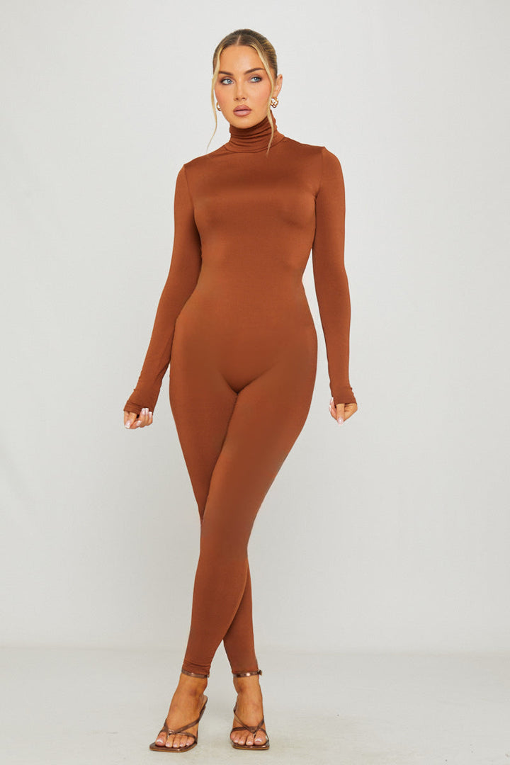 Valantomode | Chic Brown Long Sleeve Turtleneck Jumpsuit for Effortless Style