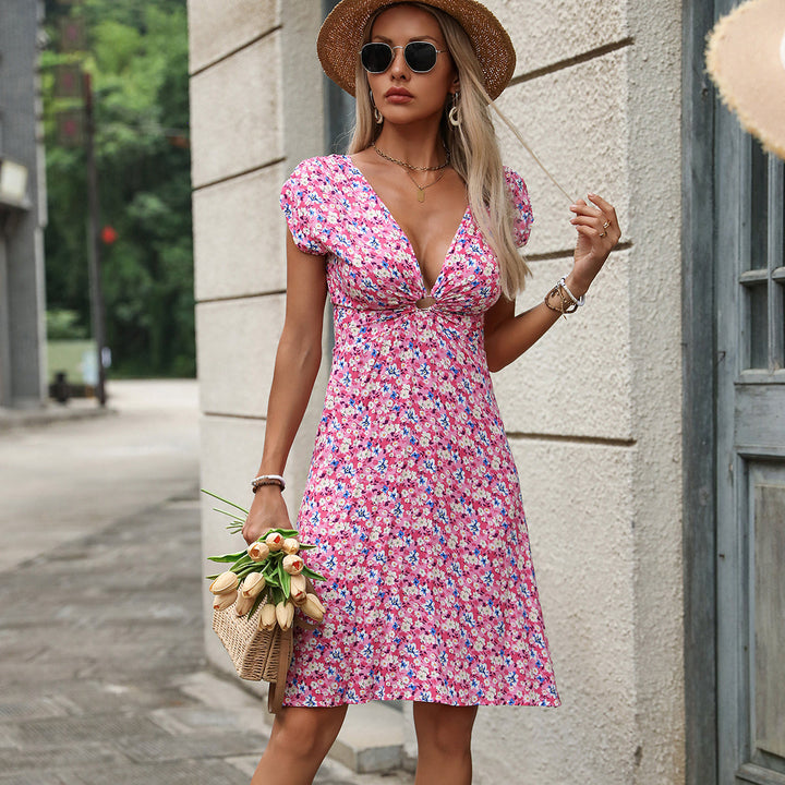 Valantomode | Chic V Neck Floral Mini Dress for Effortless Style