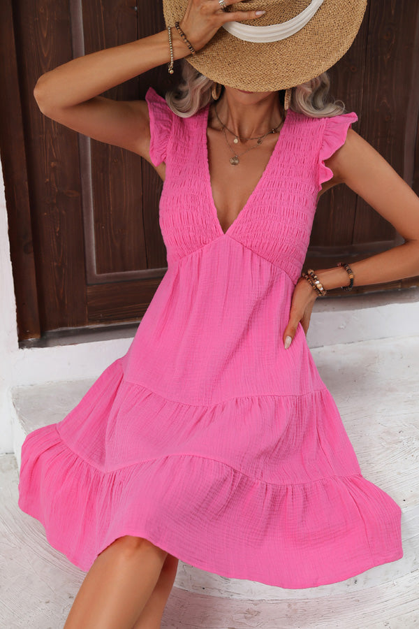 Valantomode | V Neck Smocked Ruffle Mini Dress for Effortless Style