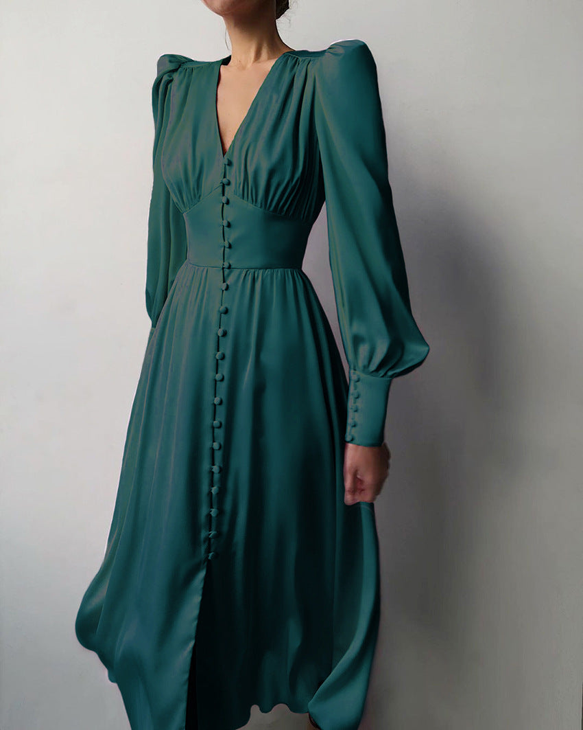Valantomode | Puff Sleeve Dress with Chic Button Closure