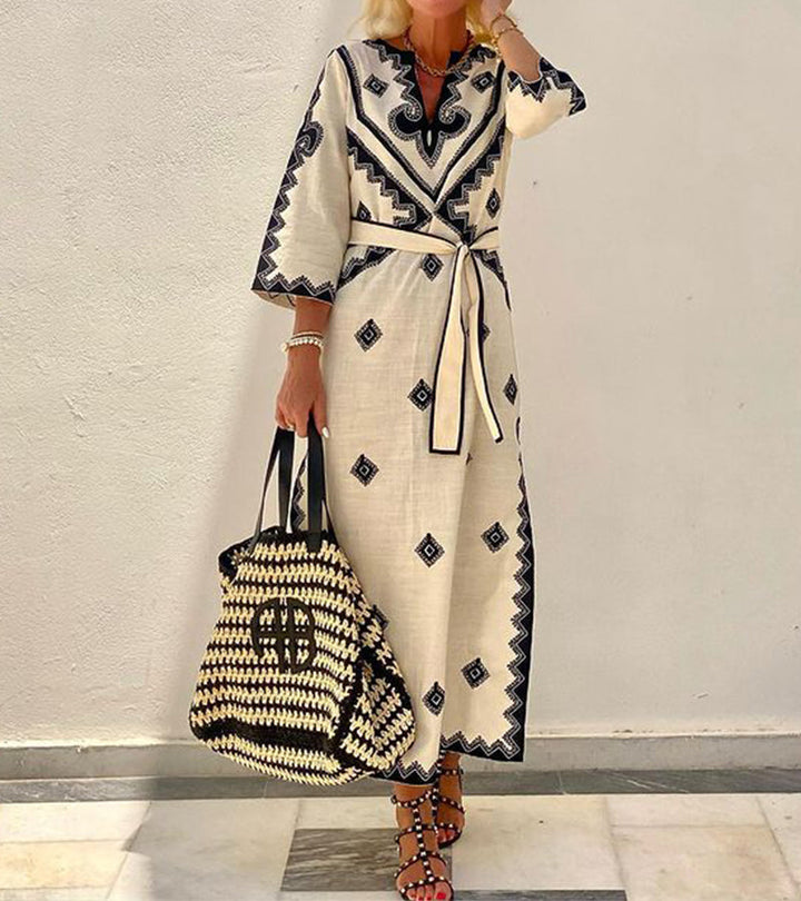 Valantomode | Elegant Beige Embroidered Midi Dress for Chic Style