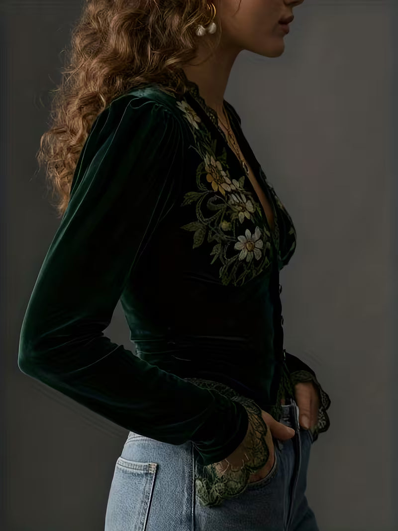 Valantomode | Blouse with Long Sleeves and Embroidered Velvet Flowers