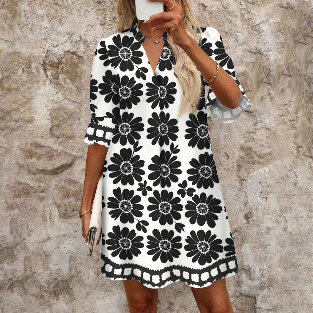 Valantomode | Trendy Printed Mini Dress with Flared Sleeves