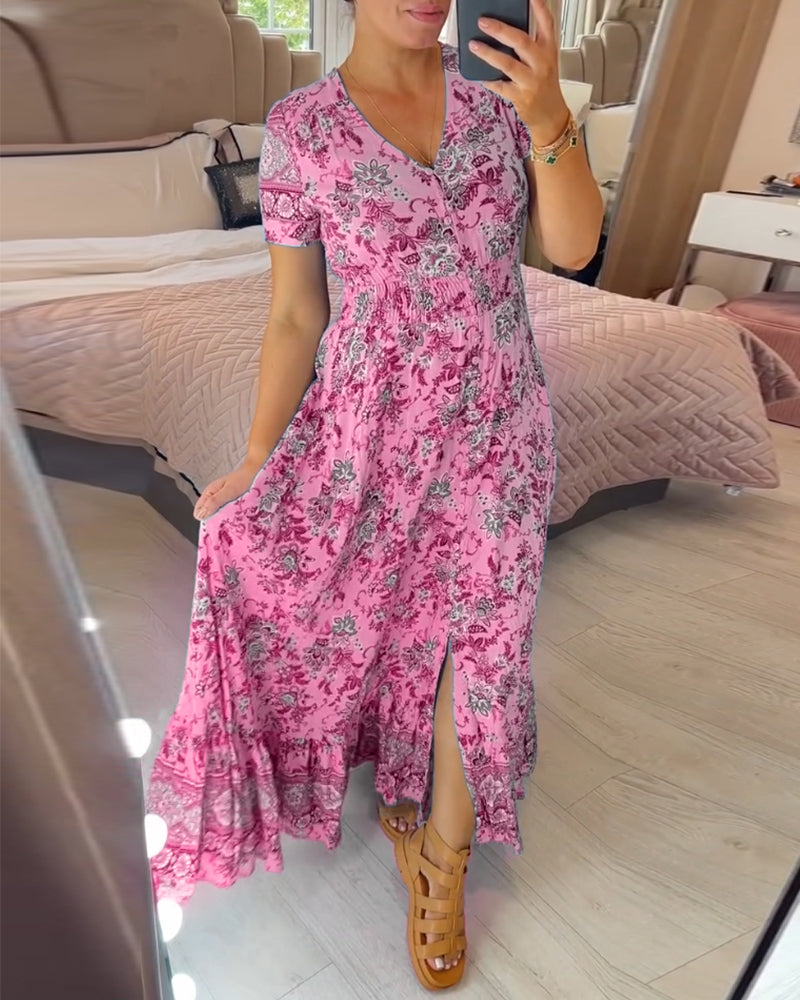 Valantomode | Chic V-Neck Floral Dress for Effortless Summer Glamour