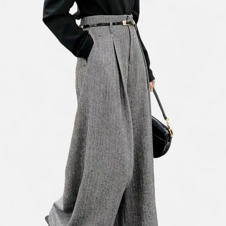 Valantomode | Women’s High-Waist Tweed Wide-Leg Pants with Pleated Detail