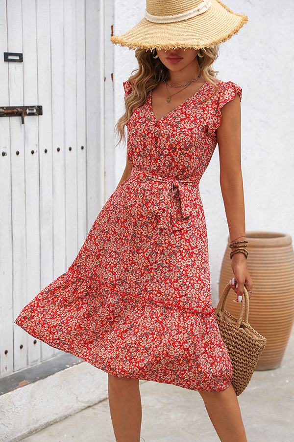 Valantomode | Chic Floral Print Ruffle Sleeve Casual Dress