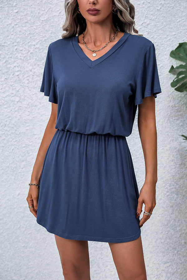 Valantomode | Chic V Neck Short Sleeve Casual Mini Dress in Solid Colors
