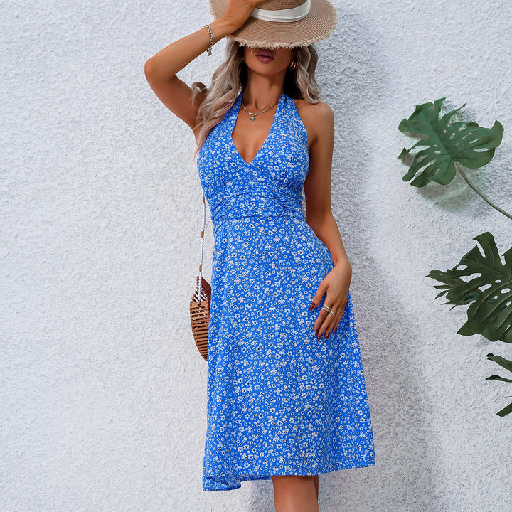 Valantomode | Chic Floral V Neck Halter Dress for Effortless Style