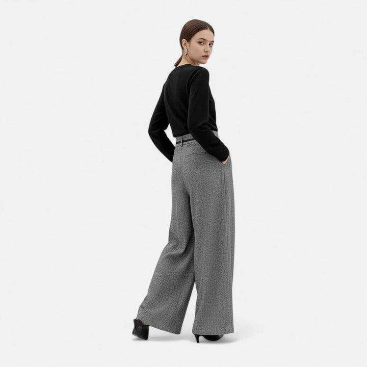 Valantomode | Women’s High-Waist Tweed Wide-Leg Pants with Pleated Detail