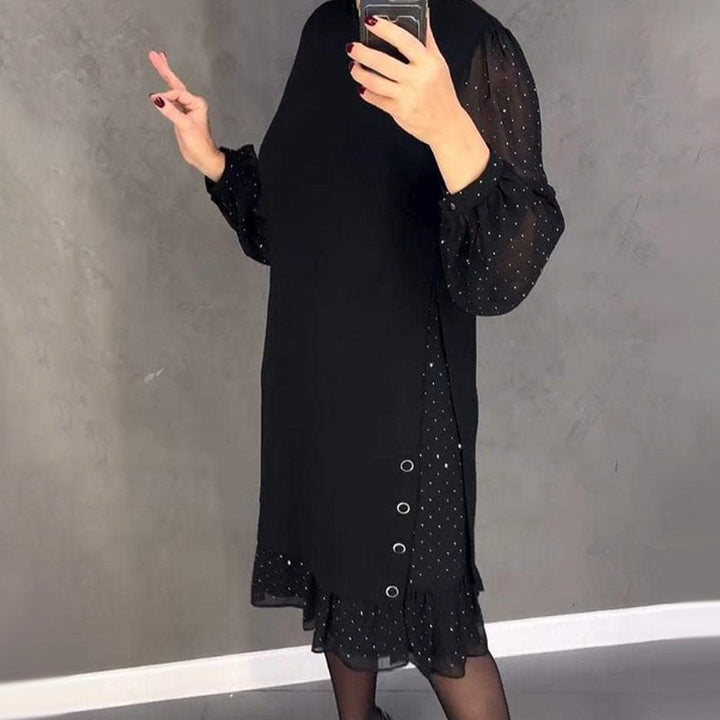 Valantomode | Sparkling Crystal Embellished Dress with Classic Round Neck