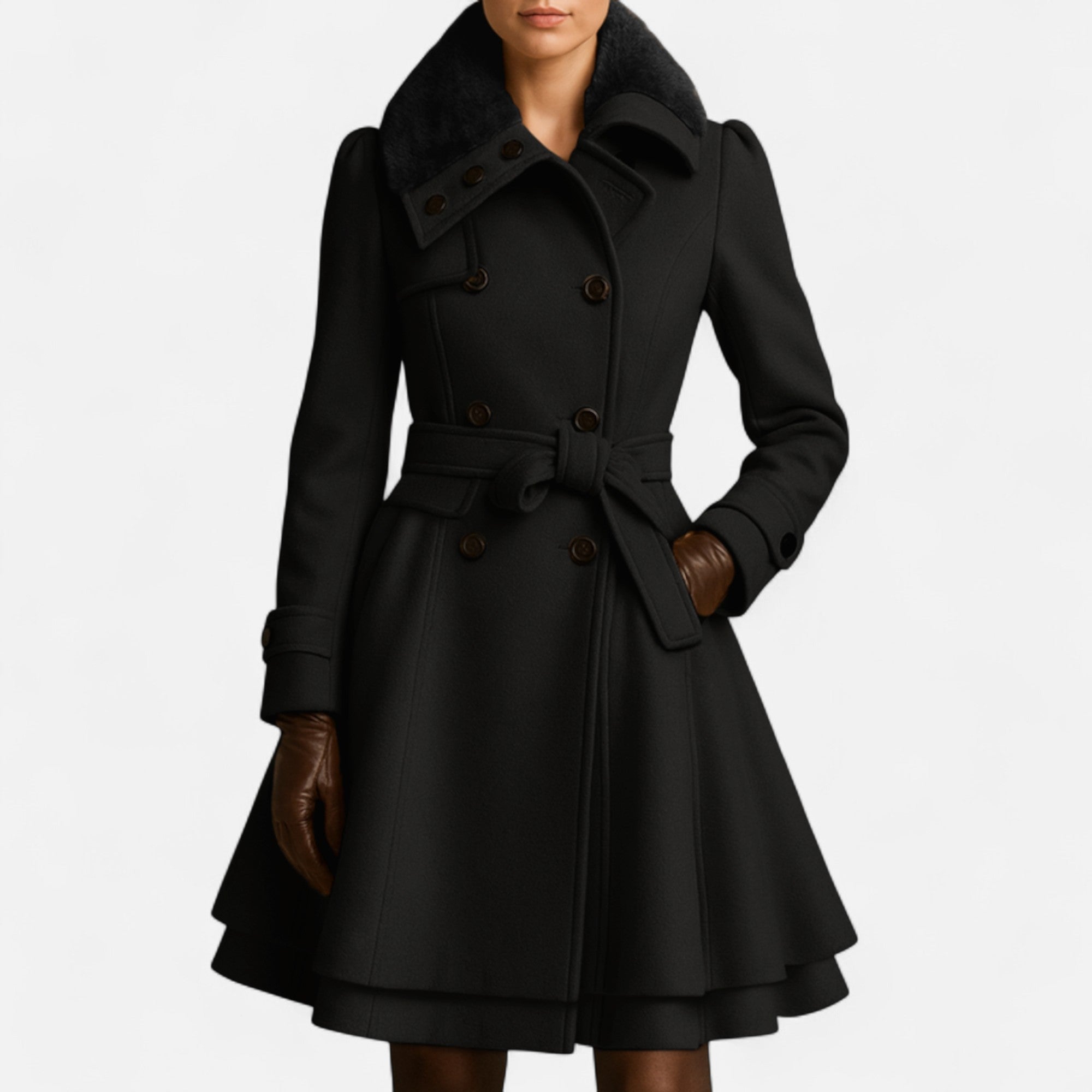 Valantomode | Women’s Wool Belted Fur-Collar Coat