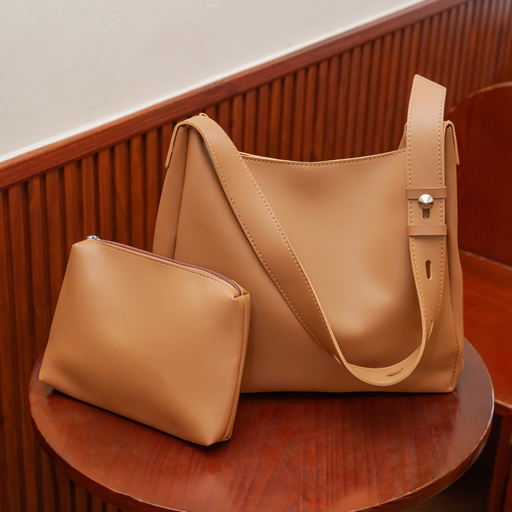Valantomode | Luna Minimalist Hobo – Premium Vegan Leather Wide-Strap Shoulder Bag with Pouch