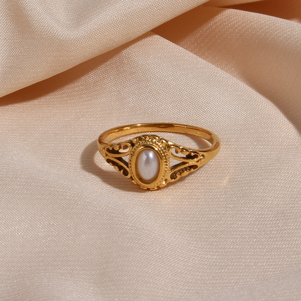 Valantomode | Plated Kendra Vintage Ring with Filigree-Imbricated Architecture and Freshwater Pearl