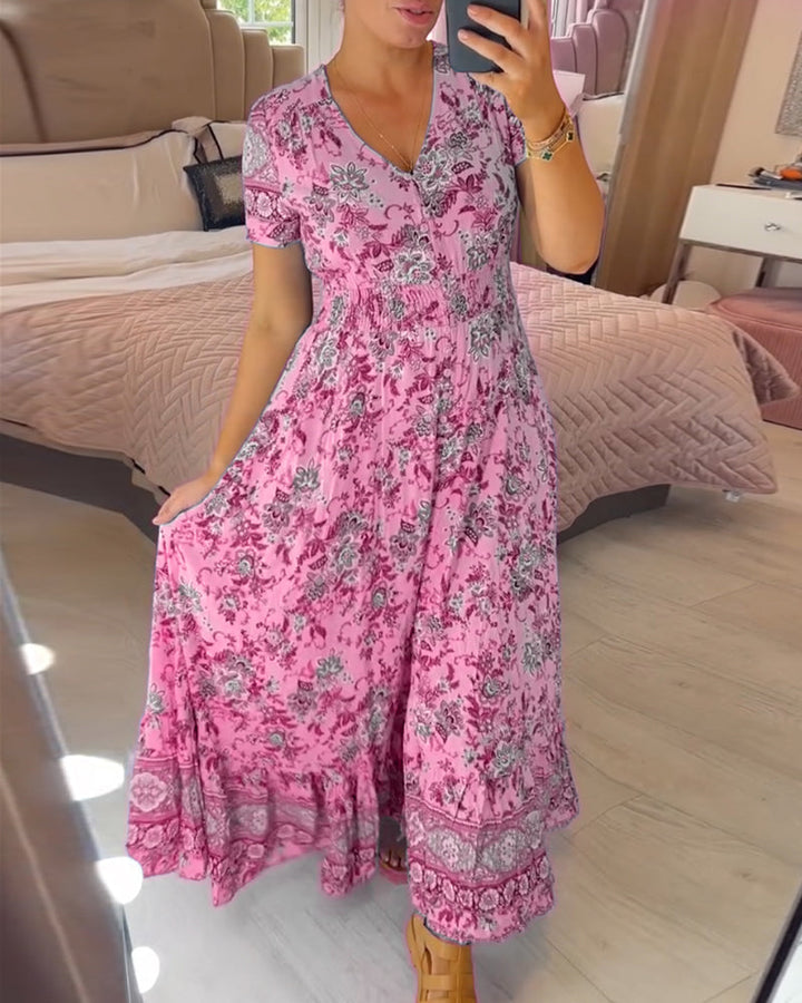 Valantomode | Chic V-Neck Floral Dress for Effortless Summer Glamour