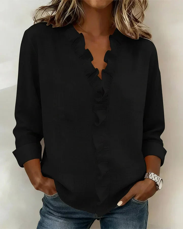 Valantomode | Blouse with Ruffles, V-Neck, Long Sleeves