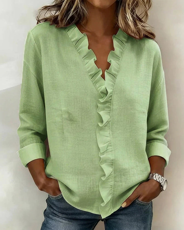 Valantomode | Blouse with Ruffles, V-Neck, Long Sleeves