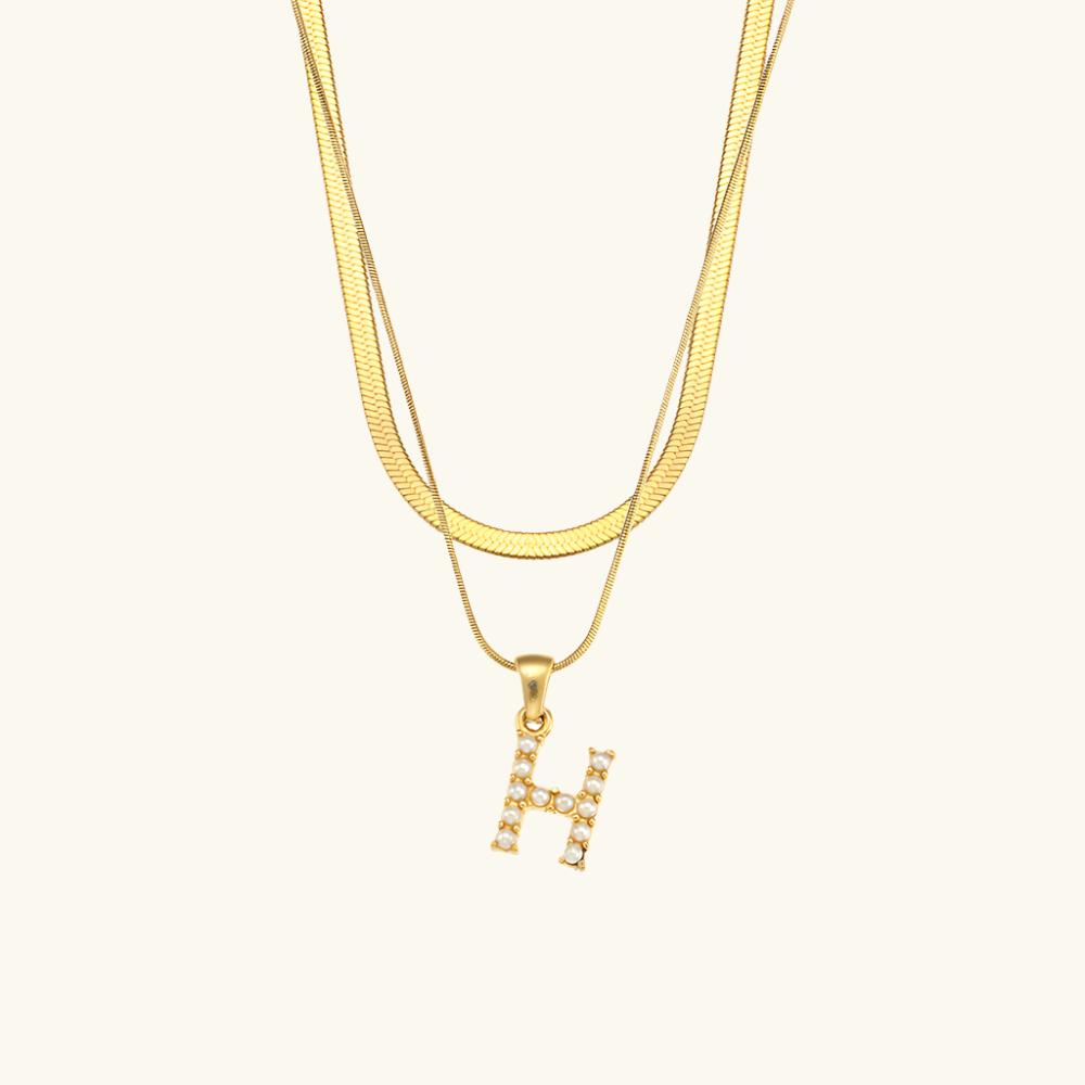 Valantomode | Plated Layered Pearl Initial Necklace with Genuine Freshwater Pearl Architecture