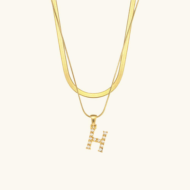 Valantomode | Plated Layered Pearl Initial Necklace with Genuine Freshwater Pearl Architecture