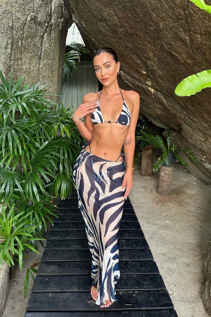 Valantomode | Chic Zebra Print Triangle Bikini with Flowing Maxi Skirt