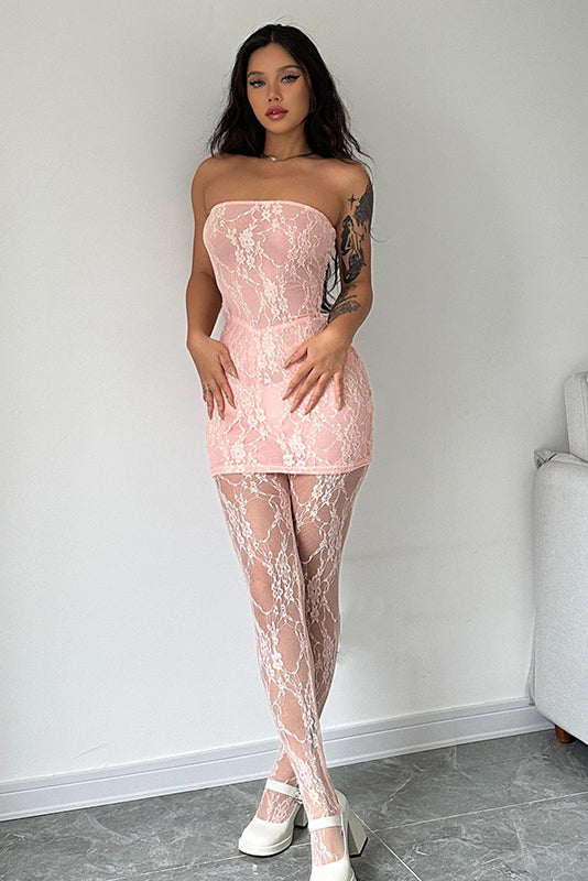 Valantomode | Pink Lace Bandeau & Leggings Co-Ord Set for Chic Style