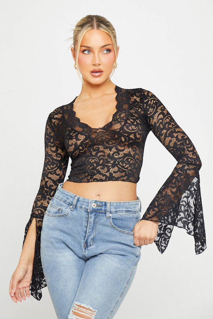 Valantomode | Sheer Black Lace Plunge Crop Top with Flared Sleeves