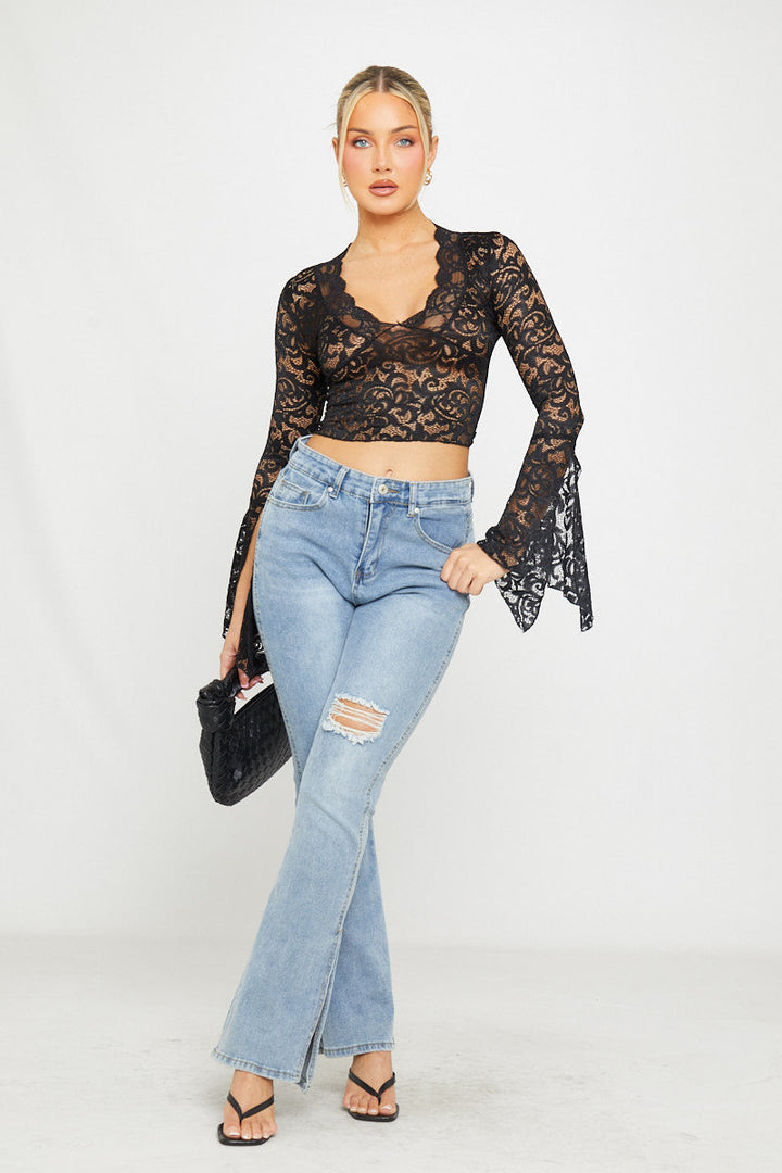 Valantomode | Sheer Black Lace Plunge Crop Top with Flared Sleeves