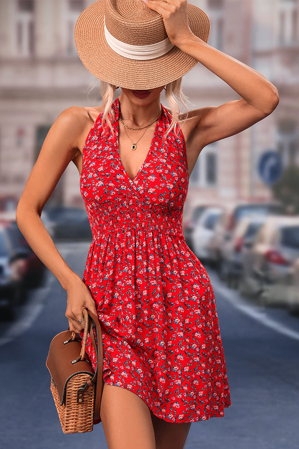 Valantomode | Chic V Neck Floral Halter Dress for Effortless Style