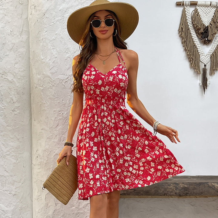 Valantomode | Floral V Neck Halter Mini Dress for Effortless Style