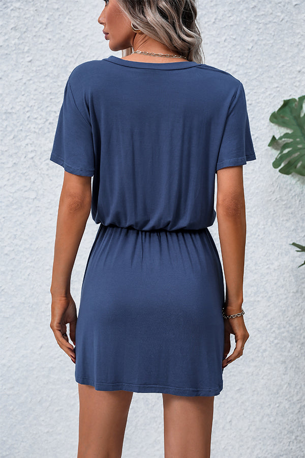 Valantomode | Chic V Neck Short Sleeve Casual Mini Dress in Solid Colors