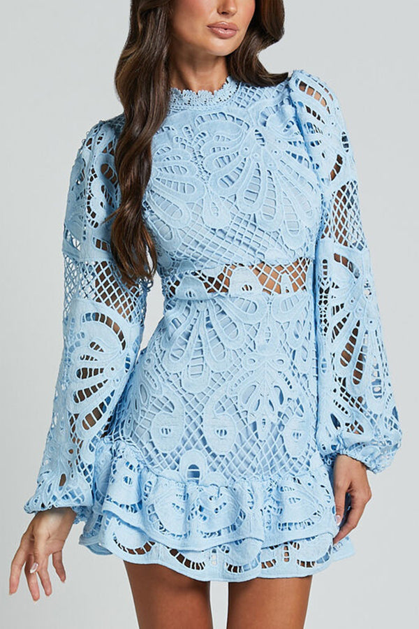 Valantomode | Lace Puff Sleeve Mini Dress for Effortless Elegance