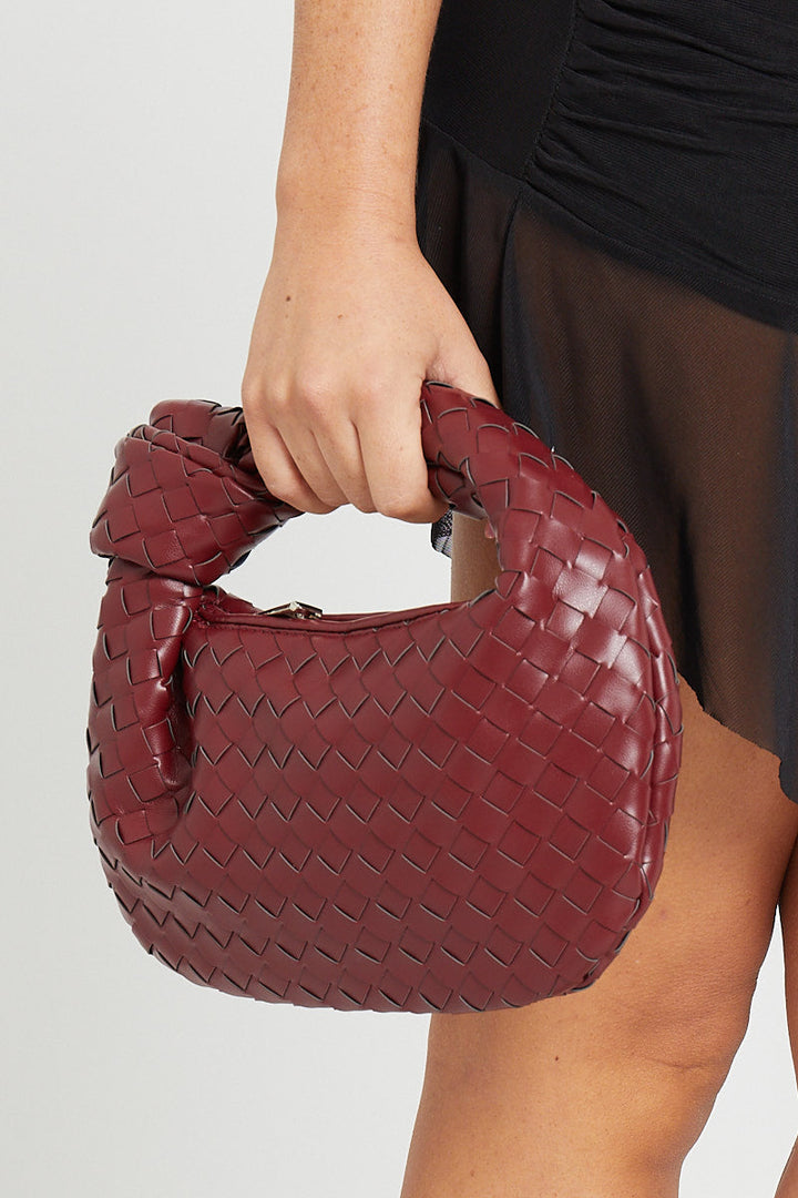 Valantomode | Chic Wine Faux Leather Woven Knot Mini Handbag