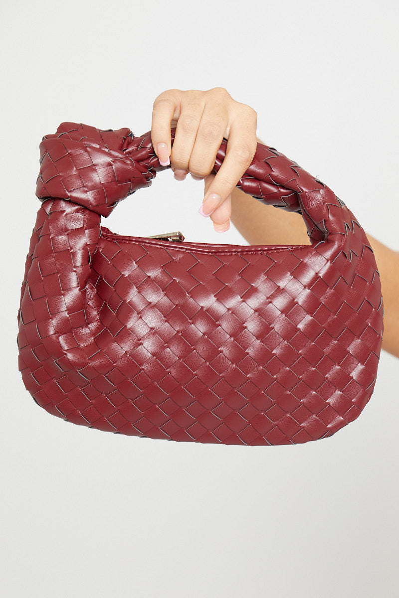 Valantomode | Chic Wine Faux Leather Woven Knot Mini Handbag