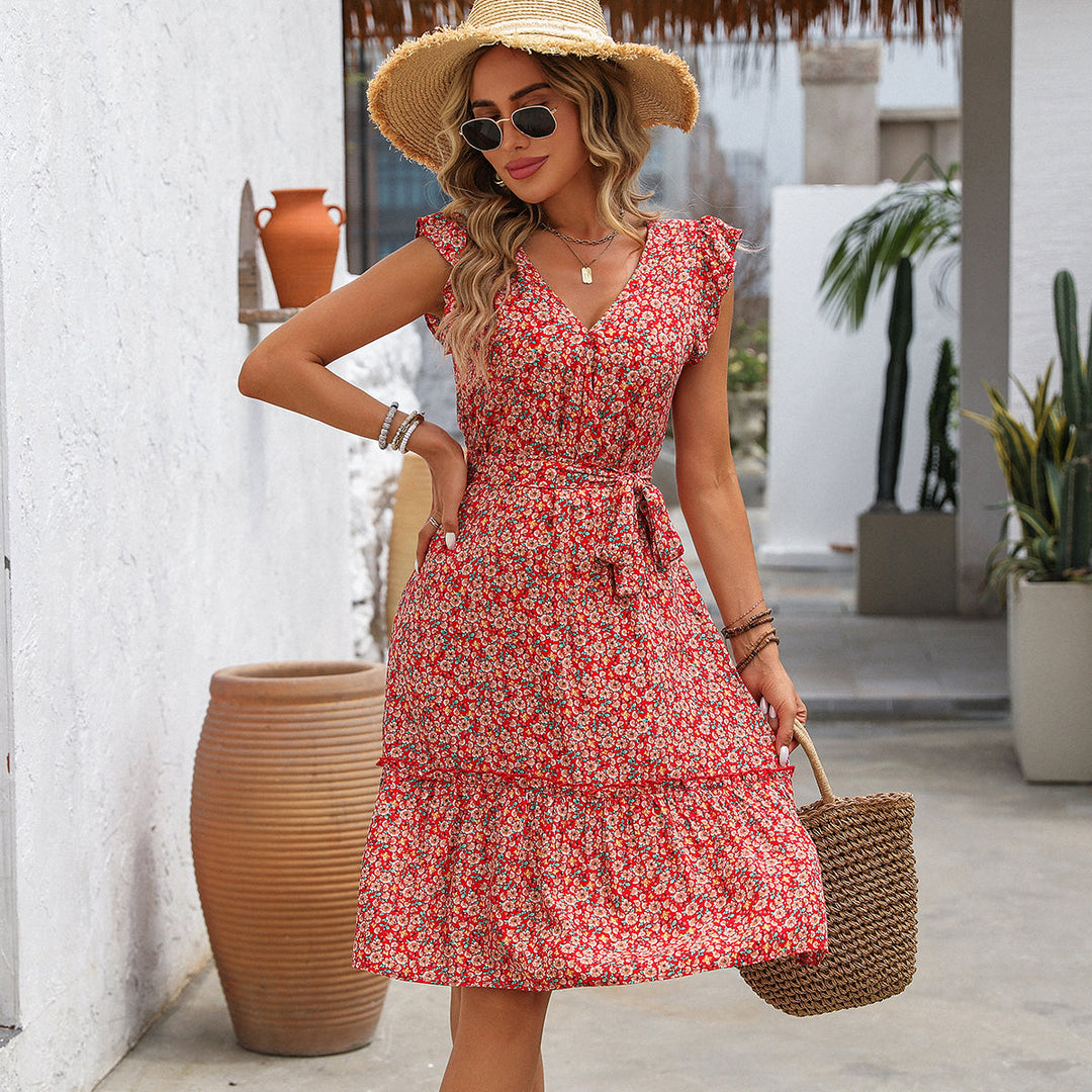 Valantomode | Chic Floral Print Ruffle Sleeve Casual Dress
