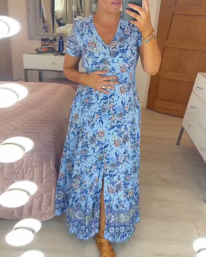 Valantomode | Chic V-Neck Floral Dress for Effortless Summer Glamour