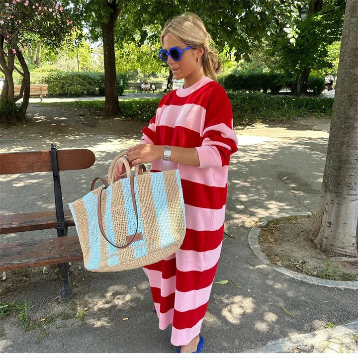 Valantomode | Striped Knit Dress in Red and Pink for Stylish Comfort