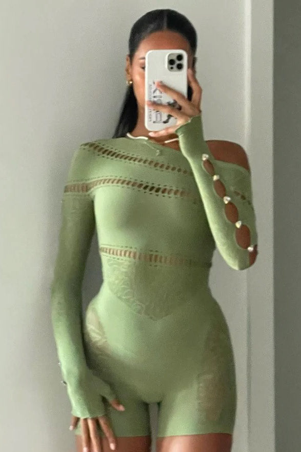 Valantomode | Trendy Green Off-Shoulder Mesh Cut-Out Playsuit