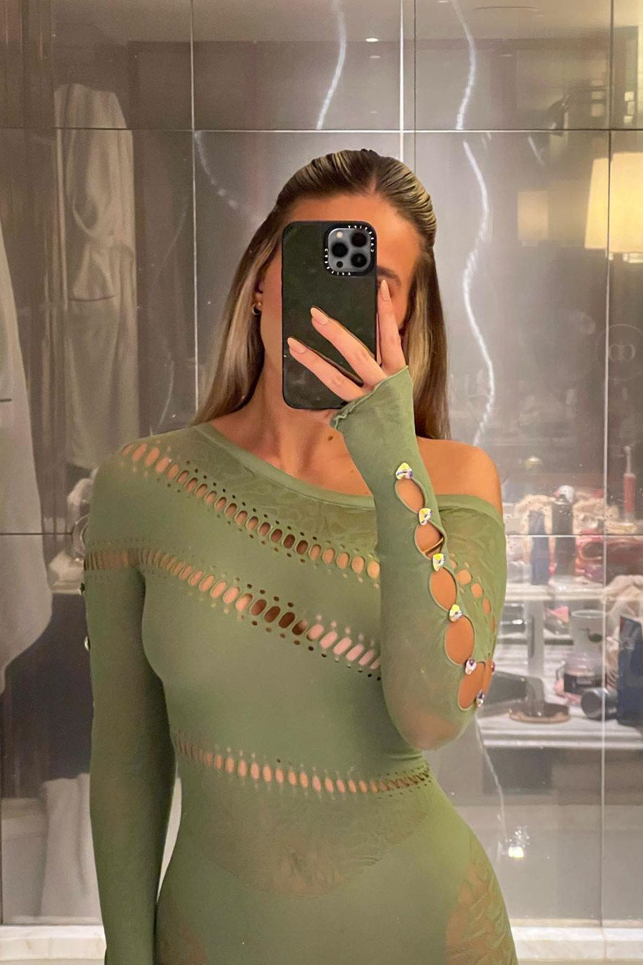 Valantomode | Trendy Green Off-Shoulder Mesh Cut-Out Playsuit