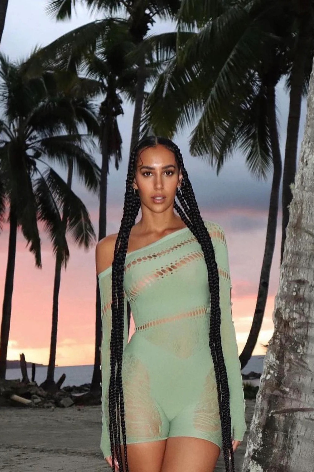Valantomode | Trendy Green Off-Shoulder Mesh Cut-Out Playsuit