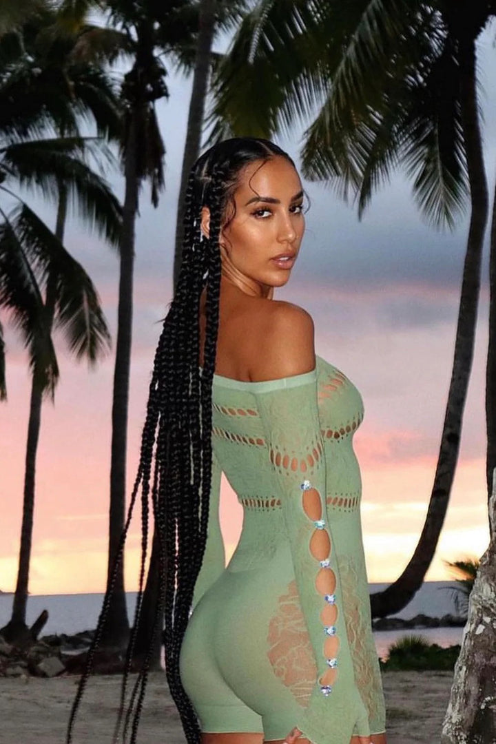Valantomode | Trendy Green Off-Shoulder Mesh Cut-Out Playsuit