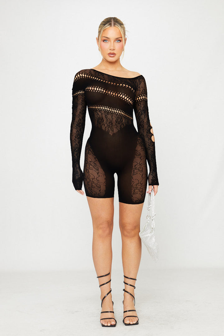 Valantomode | Chic Black Off-Shoulder Mesh Cut-Out Playsuit