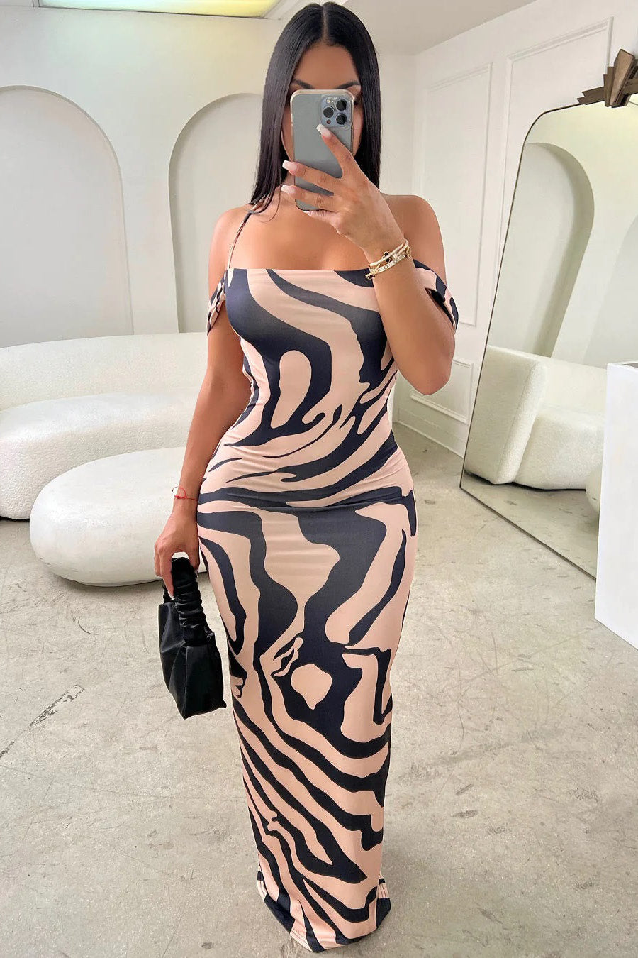 Valantomode | Chic Nude Zebra Cut-Out Open Back Maxi Dress