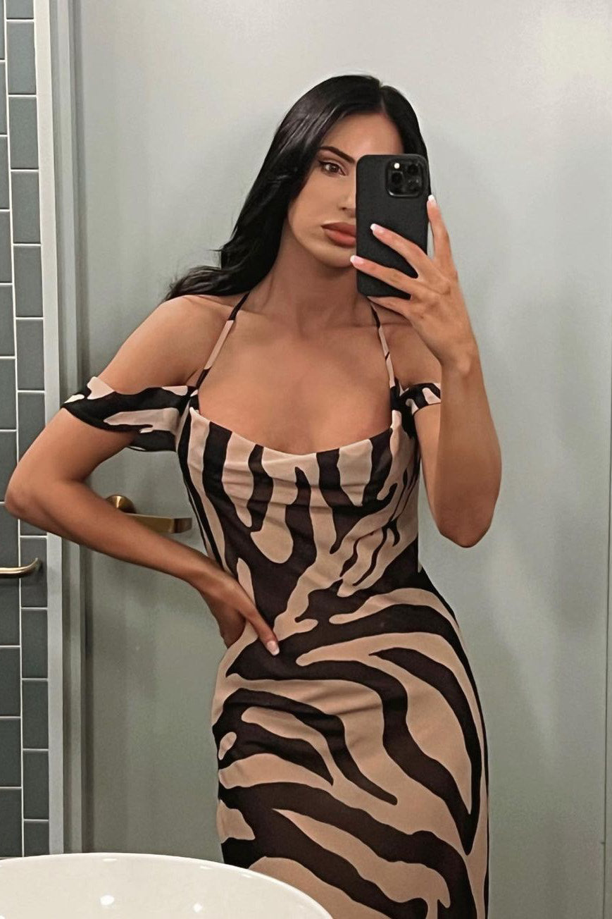 Valantomode | Chic Nude Zebra Cut-Out Open Back Maxi Dress