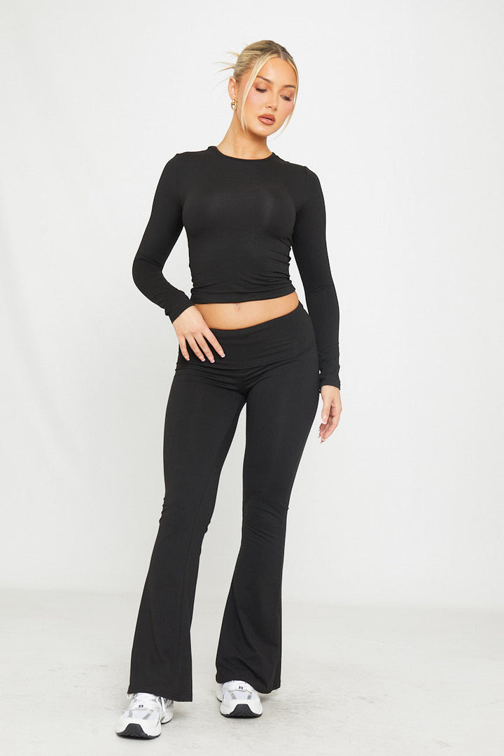 Valantomode | Chic Black Flared Leggings & Long Sleeve Top Set