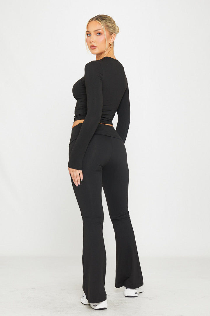Valantomode | Chic Black Flared Leggings & Long Sleeve Top Set