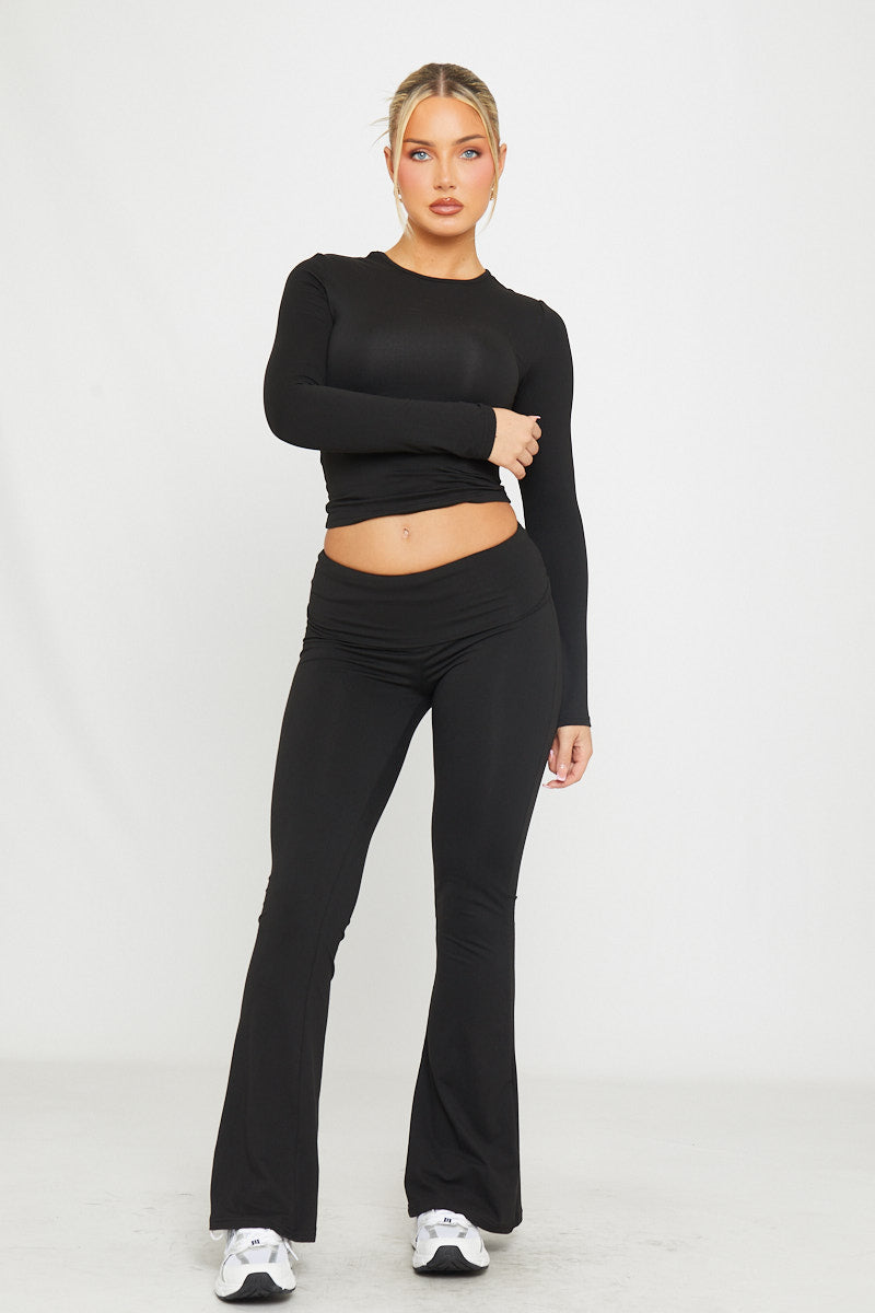 Valantomode | Chic Black Flared Leggings & Long Sleeve Top Set