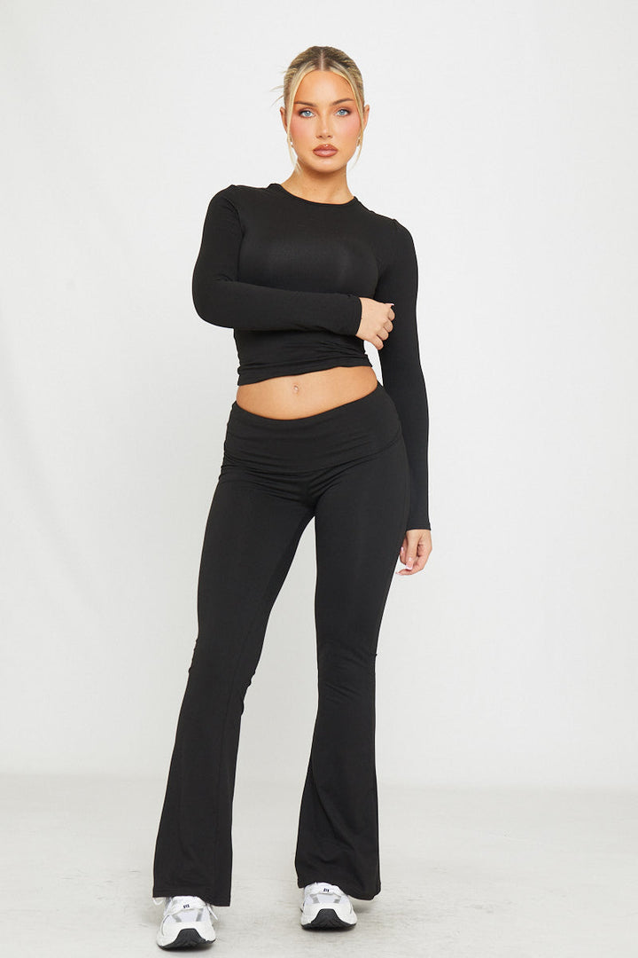Valantomode | Chic Black Flared Leggings & Long Sleeve Top Set
