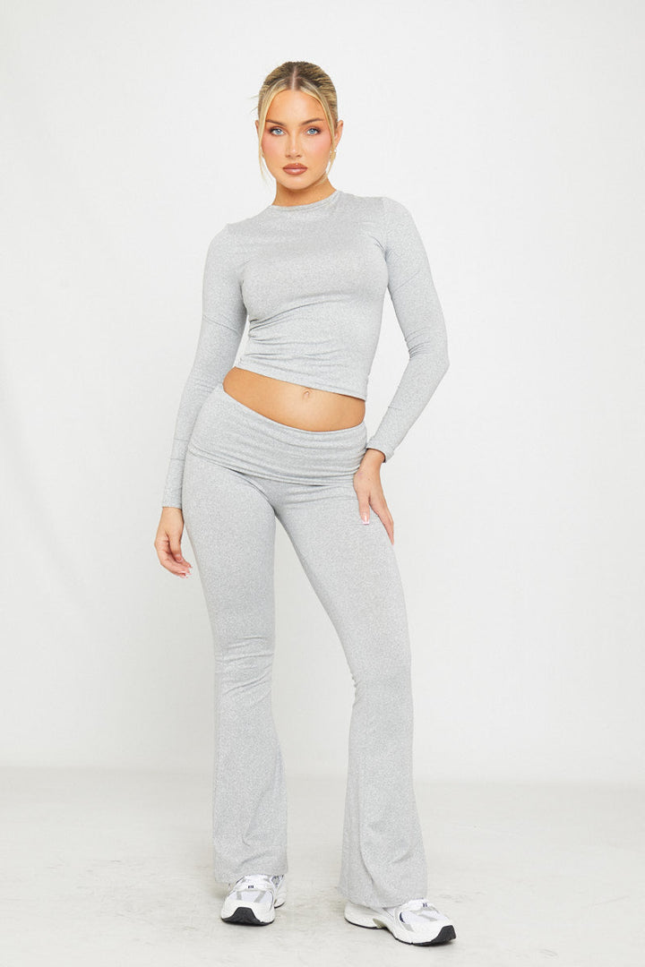 Valantomode | Chic Light Grey Flared Leggings & Long Sleeve Top Set