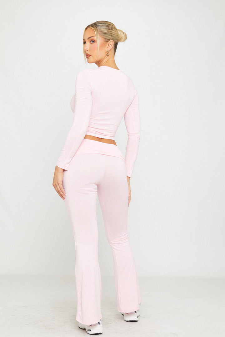 Valantomode | Pink Flared Leggings & Long Sleeve Top Set for Stylish Comfort