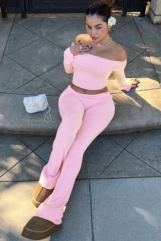 Valantomode | Chic Pink Off Shoulder Top & Fold Over Leggings Set