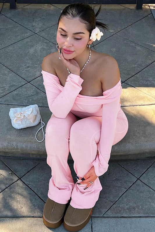 Valantomode | Chic Pink Off Shoulder Top & Fold Over Leggings Set